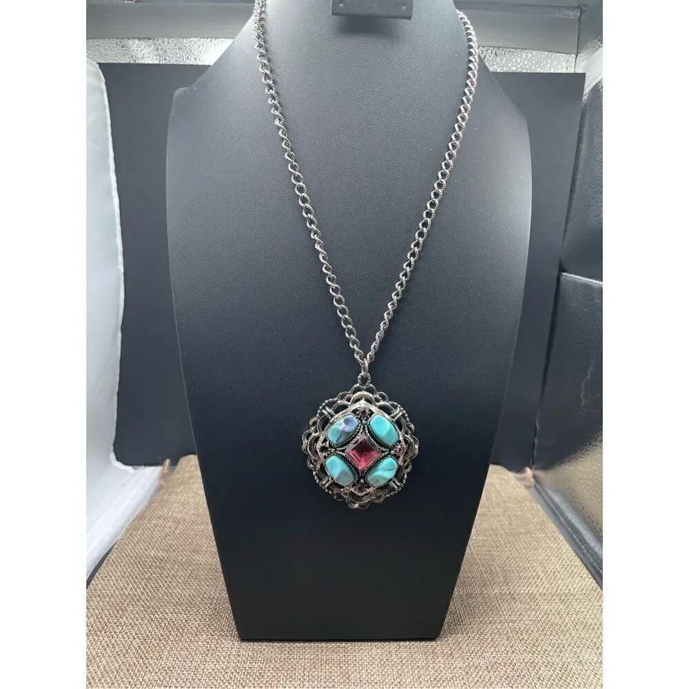 Statement Costume Pendant Necklace with Faux Turquoise and amethyst Stones Rodeo